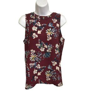 Pink Rose Floral Magenta Sleeveless Shirt Blouse Top Grommets (E1)